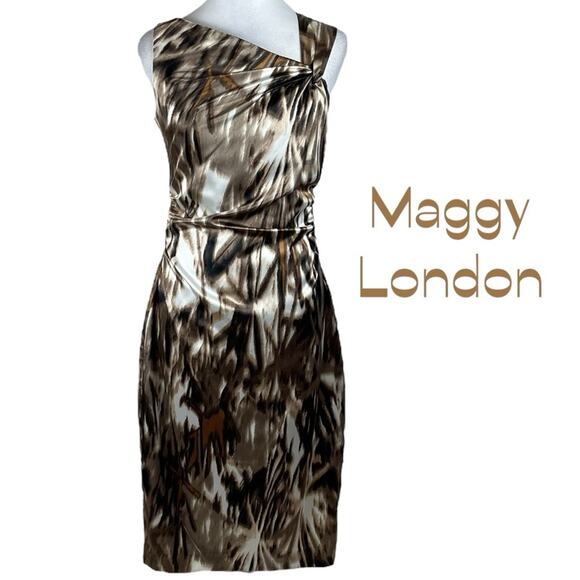Maggy London Brown Tan Ruched Fitted Party Event Feminine Dress NWOT Size 8 - Picture 2 of 13